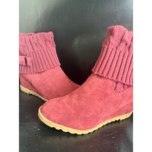 Burgundy Faux Suede Wedge Ankle Boots Cable Knit Sweater Cuff Bow Detail Wine